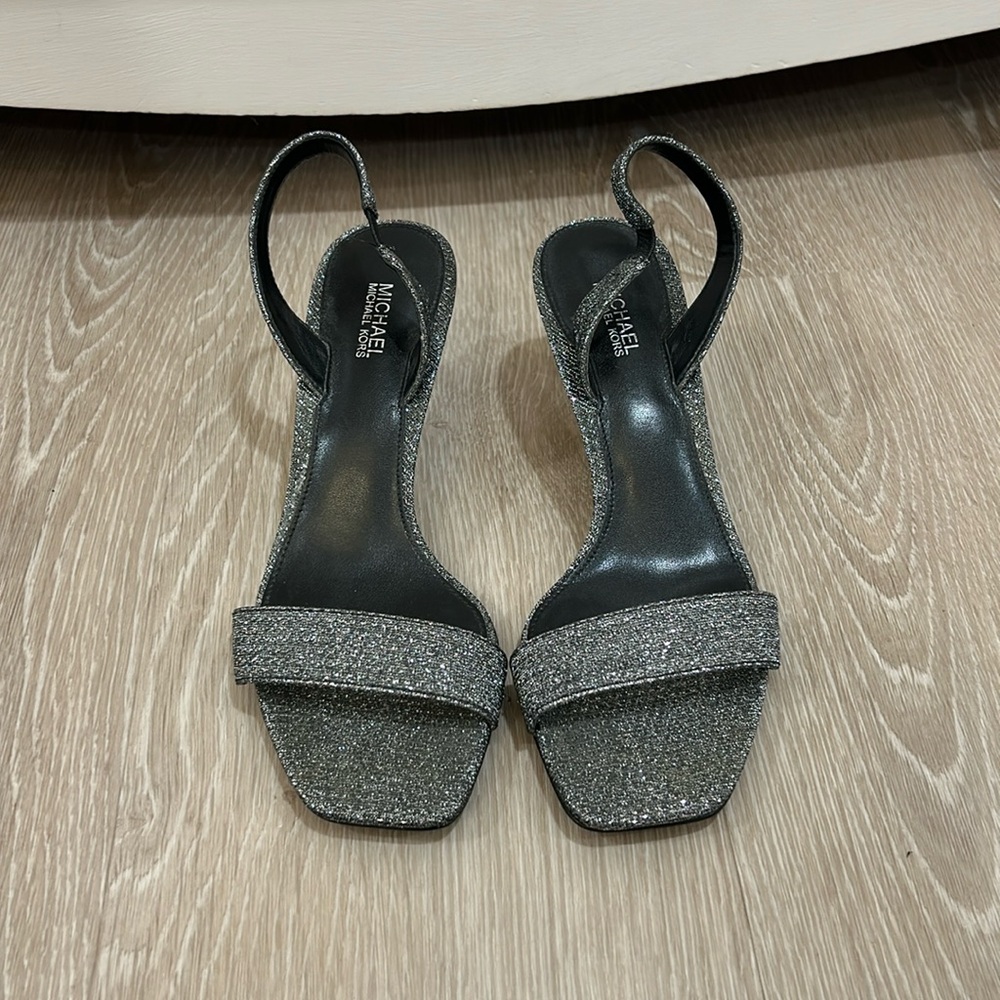 Silver Michael Kors Slingback Kitten Heel Sandal, Great Condition